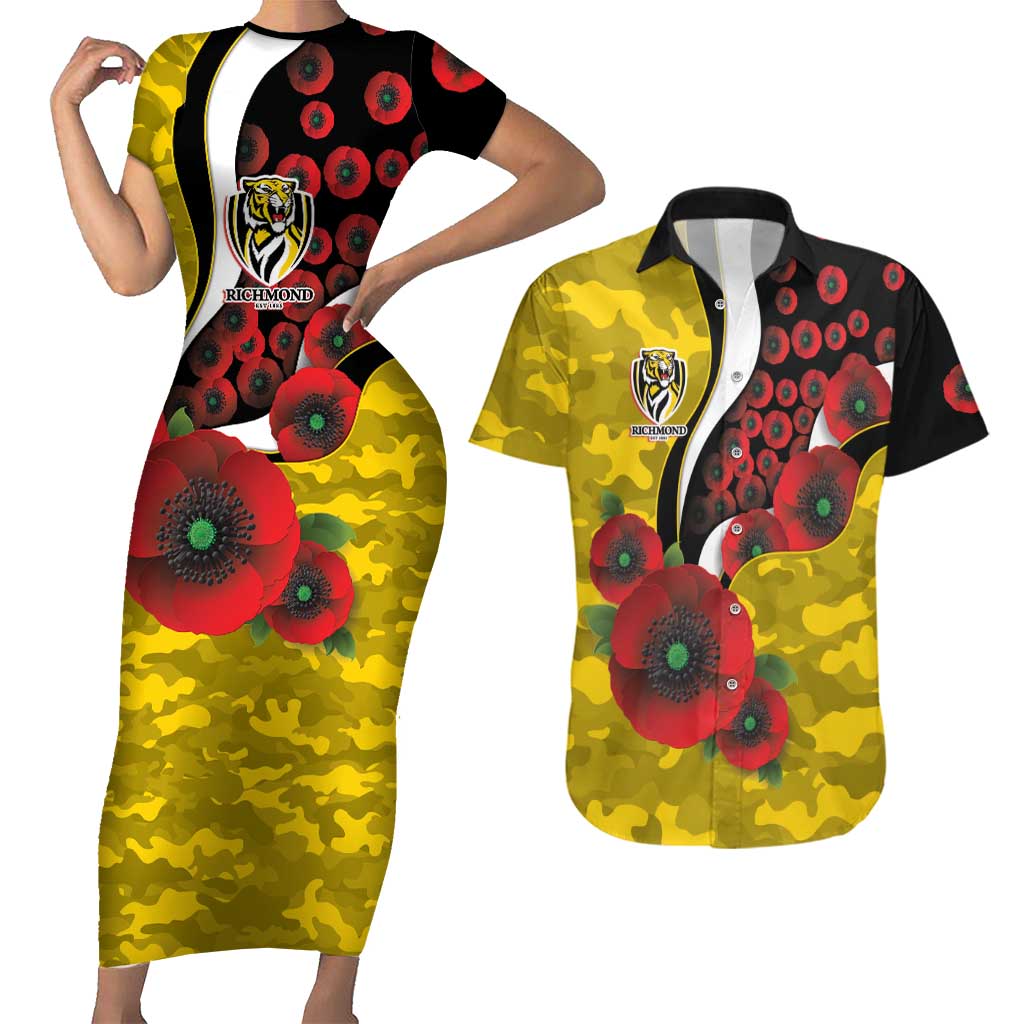 Richmond Tigers ANZAC Personalised Couples Matching Short Sleeve Bodycon Dress and Hawaiian Shirt Lest We Forget Poppy Camo