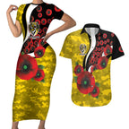 Richmond Tigers ANZAC Personalised Couples Matching Short Sleeve Bodycon Dress and Hawaiian Shirt Lest We Forget Poppy Camo