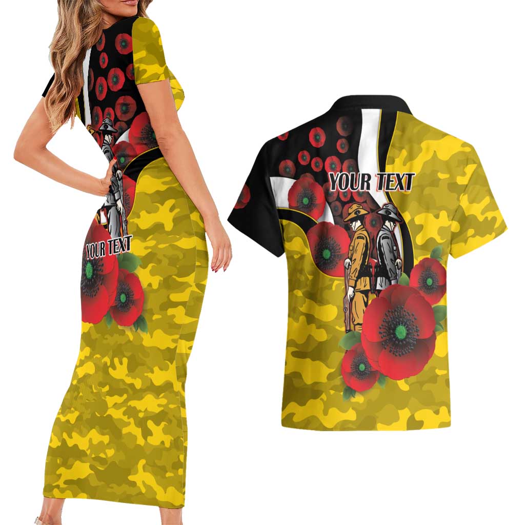 Richmond Tigers ANZAC Personalised Couples Matching Short Sleeve Bodycon Dress and Hawaiian Shirt Lest We Forget Poppy Camo