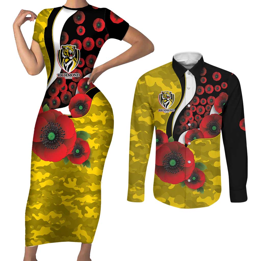 Richmond Tigers ANZAC Personalised Couples Matching Short Sleeve Bodycon Dress and Long Sleeve Button Shirt Lest We Forget Poppy Camo