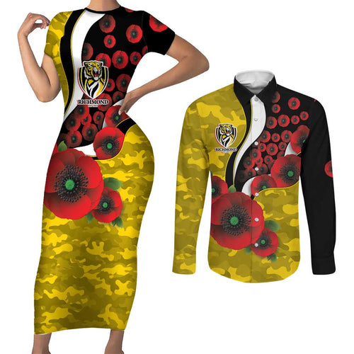 Richmond Tigers ANZAC Personalised Couples Matching Short Sleeve Bodycon Dress and Long Sleeve Button Shirt Lest We Forget Poppy Camo
