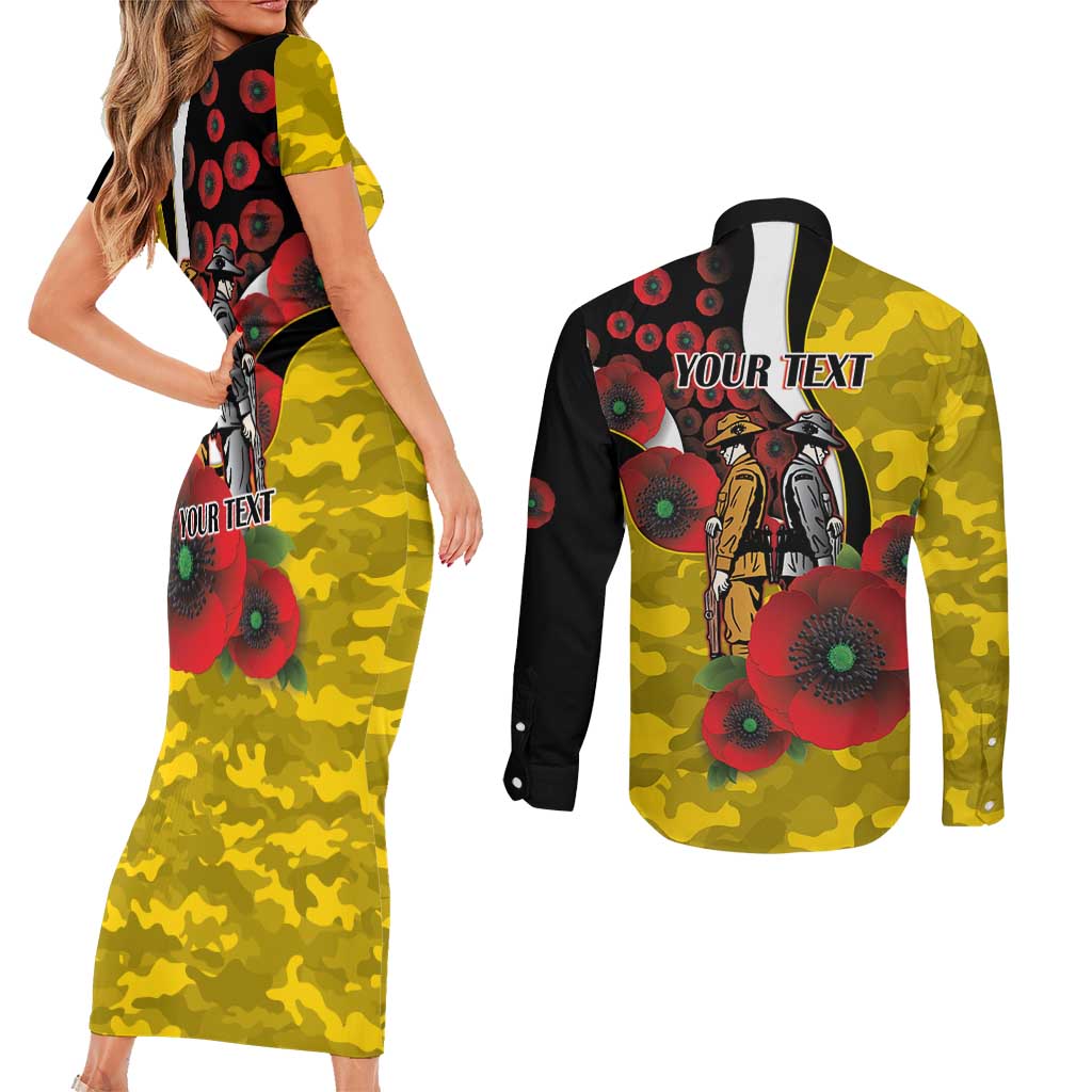 Richmond Tigers ANZAC Personalised Couples Matching Short Sleeve Bodycon Dress and Long Sleeve Button Shirt Lest We Forget Poppy Camo