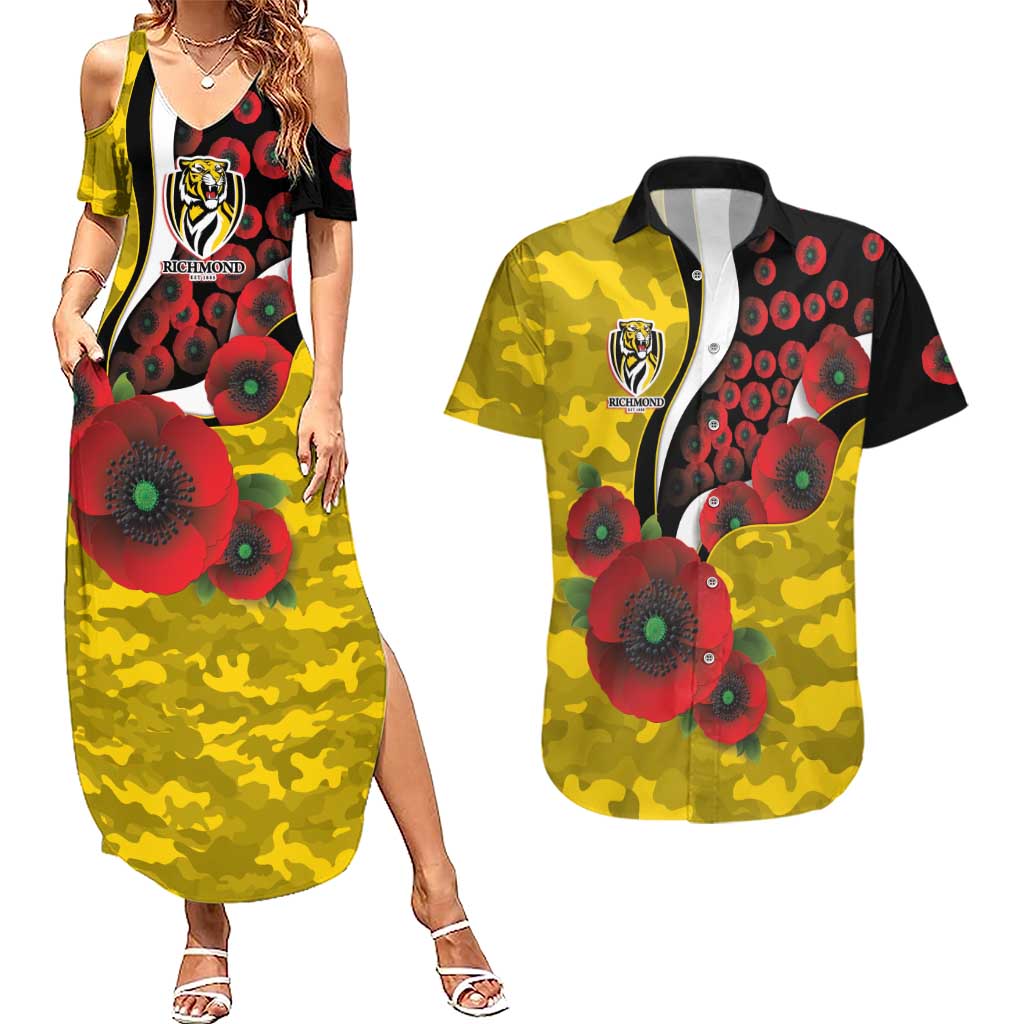 Richmond Tigers ANZAC Personalised Couples Matching Summer Maxi Dress and Hawaiian Shirt Lest We Forget Poppy Camo