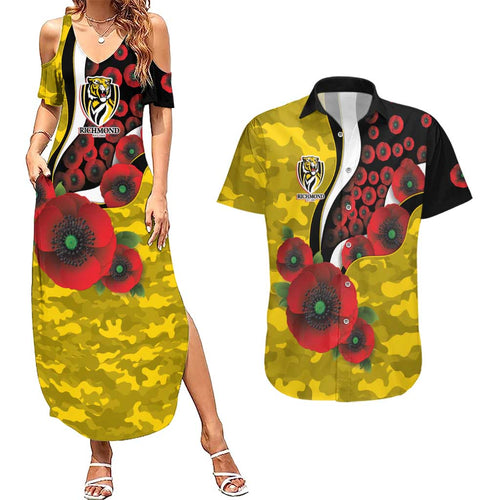 Richmond Tigers ANZAC Personalised Couples Matching Summer Maxi Dress and Hawaiian Shirt Lest We Forget Poppy Camo