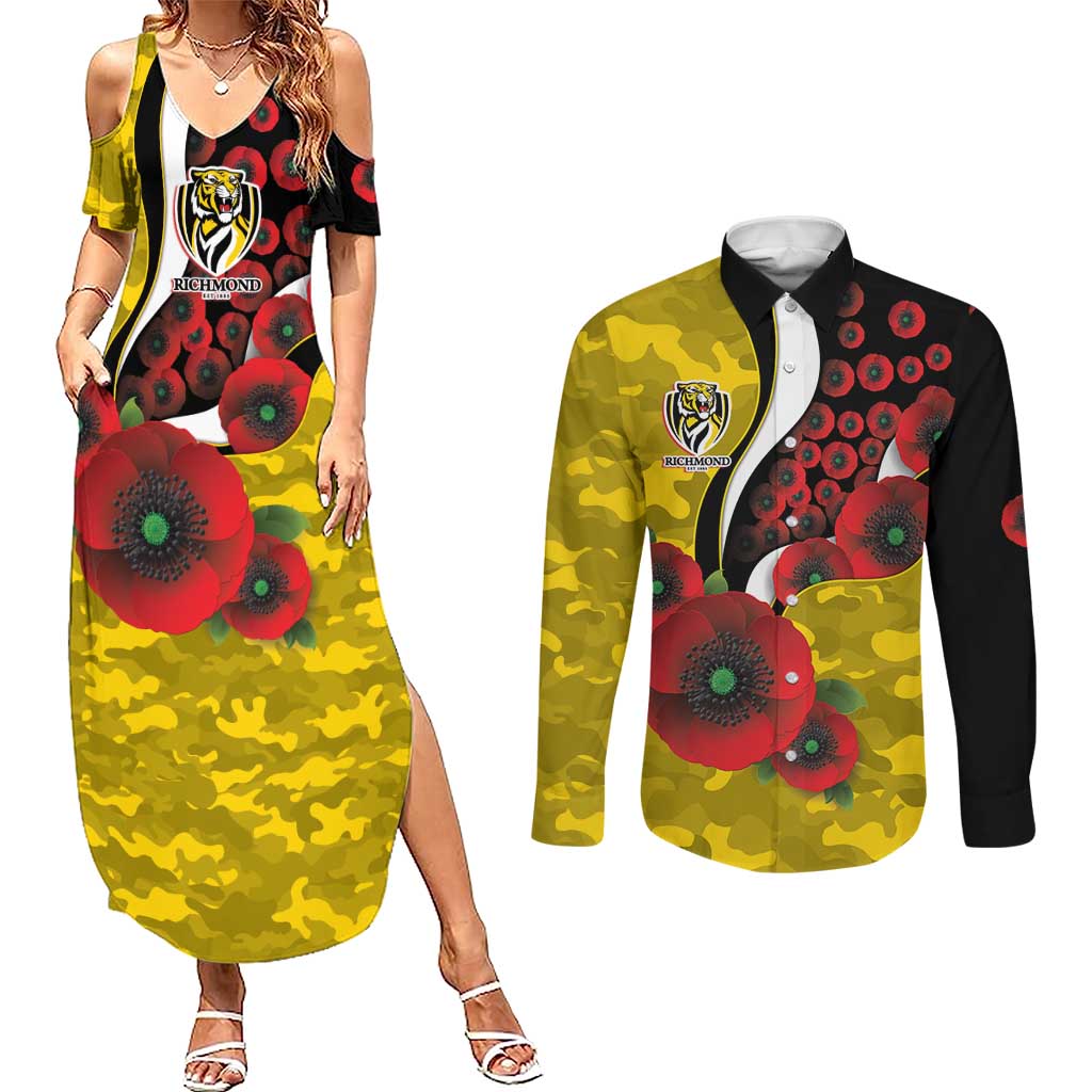 Richmond Tigers ANZAC Personalised Couples Matching Summer Maxi Dress and Long Sleeve Button Shirt Lest We Forget Poppy Camo