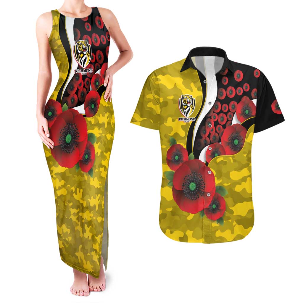 Richmond Tigers ANZAC Personalised Couples Matching Tank Maxi Dress and Hawaiian Shirt Lest We Forget Poppy Camo