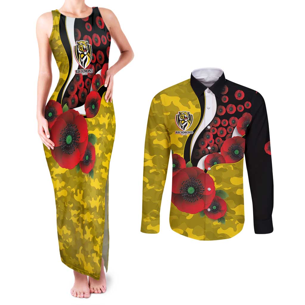 Richmond Tigers ANZAC Personalised Couples Matching Tank Maxi Dress and Long Sleeve Button Shirt Lest We Forget Poppy Camo