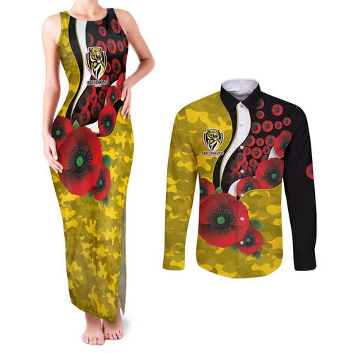 Richmond Tigers ANZAC Personalised Couples Matching Tank Maxi Dress and Long Sleeve Button Shirt Lest We Forget Poppy Camo