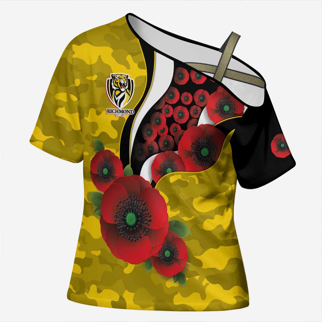 Richmond Tigers ANZAC Personalised Cross Shoulder Shirt Lest We Forget Poppy Camo