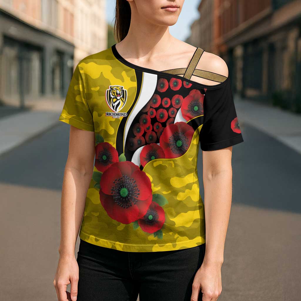 Richmond Tigers ANZAC Personalised Cross Shoulder Shirt Lest We Forget Poppy Camo