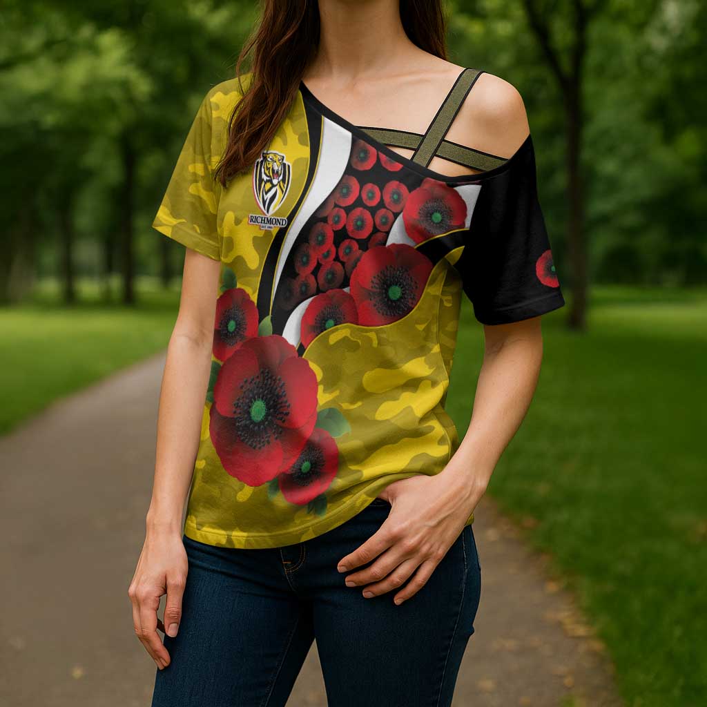 Richmond Tigers ANZAC Personalised Cross Shoulder Shirt Lest We Forget Poppy Camo