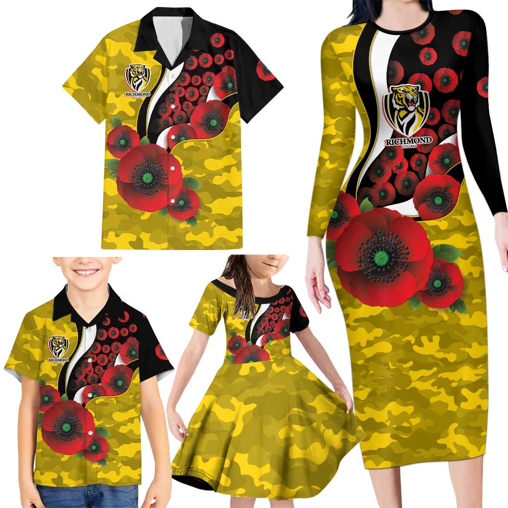 Richmond Tigers ANZAC Personalised Family Matching Long Sleeve Bodycon Dress and Hawaiian Shirt Lest We Forget Poppy Camo