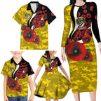Richmond Tigers ANZAC Personalised Family Matching Long Sleeve Bodycon Dress and Hawaiian Shirt Lest We Forget Poppy Camo