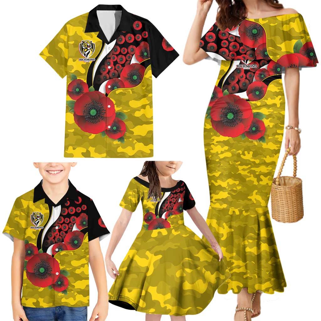 Richmond Tigers ANZAC Personalised Family Matching Mermaid Dress and Hawaiian Shirt Lest We Forget Poppy Camo
