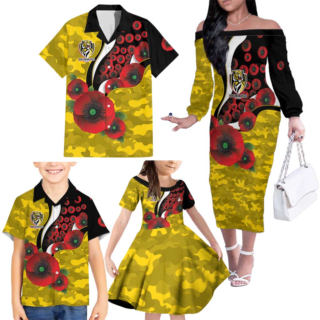 Richmond Tigers ANZAC Personalised Family Matching Off The Shoulder Long Sleeve Dress and Hawaiian Shirt Lest We Forget Poppy Camo