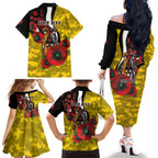 Richmond Tigers ANZAC Personalised Family Matching Off The Shoulder Long Sleeve Dress and Hawaiian Shirt Lest We Forget Poppy Camo