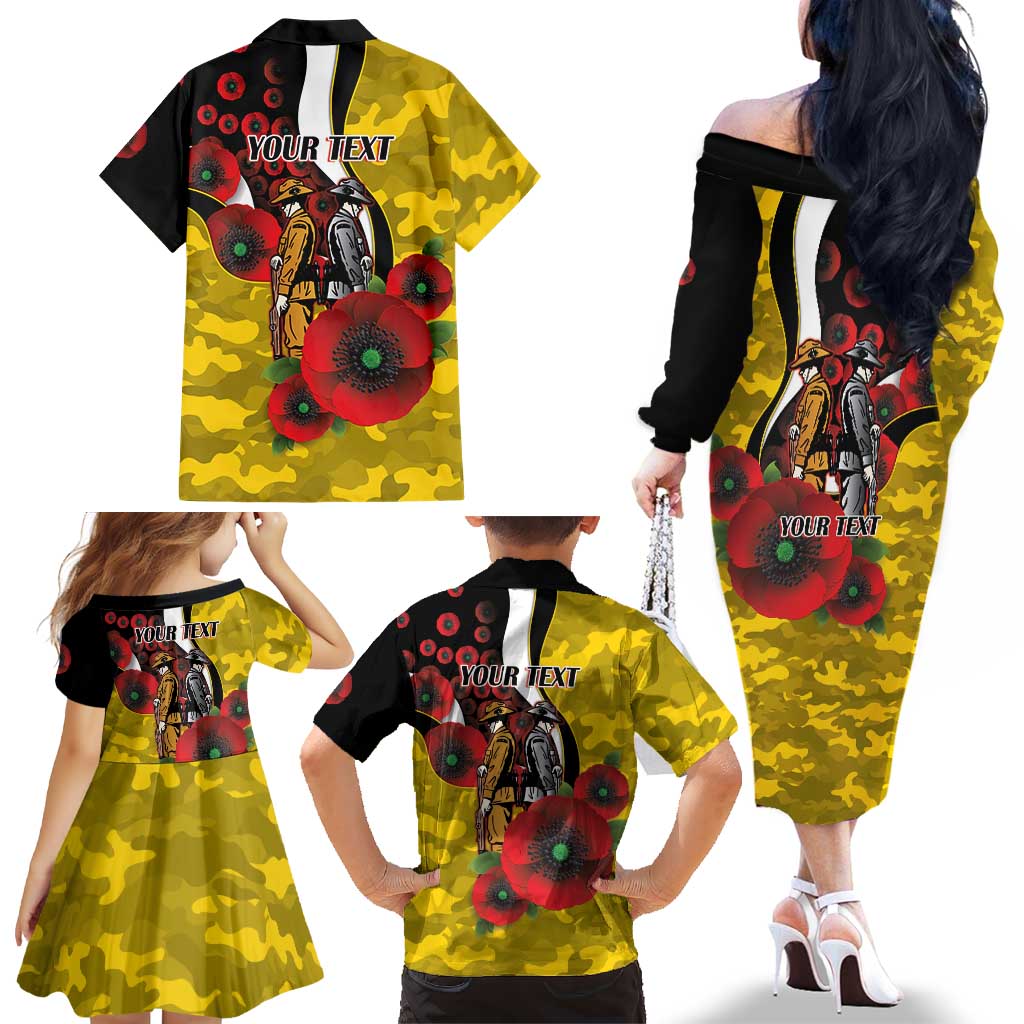 Richmond Tigers ANZAC Personalised Family Matching Off The Shoulder Long Sleeve Dress and Hawaiian Shirt Lest We Forget Poppy Camo