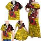 Richmond Tigers ANZAC Personalised Family Matching Off Shoulder Maxi Dress and Hawaiian Shirt Lest We Forget Poppy Camo