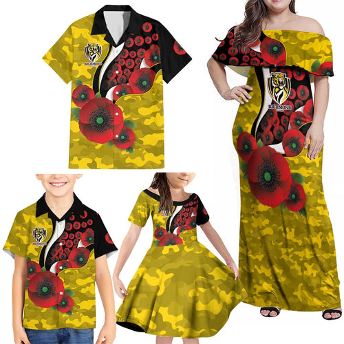 Richmond Tigers ANZAC Personalised Family Matching Off Shoulder Maxi Dress and Hawaiian Shirt Lest We Forget Poppy Camo
