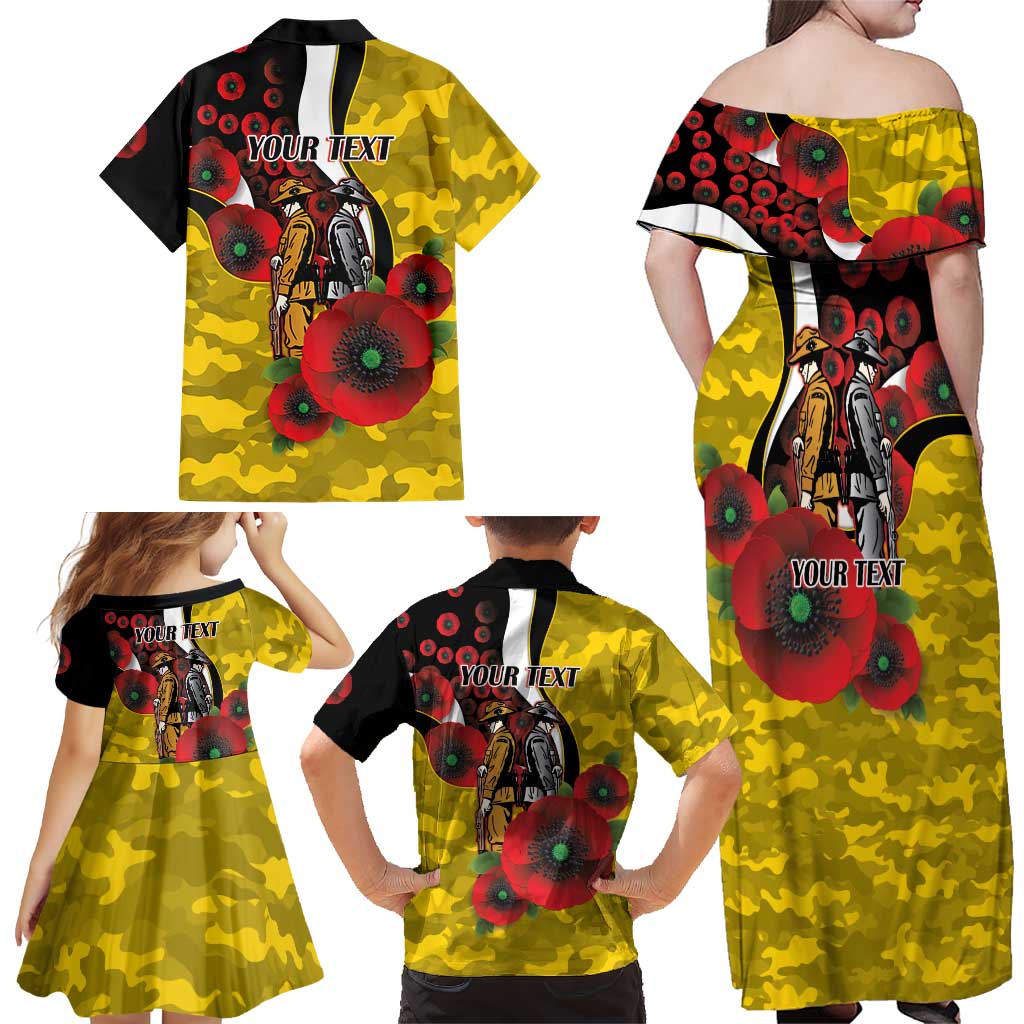 Richmond Tigers ANZAC Personalised Family Matching Off Shoulder Maxi Dress and Hawaiian Shirt Lest We Forget Poppy Camo