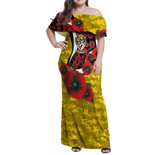 Richmond Tigers ANZAC Personalised Family Matching Off Shoulder Maxi Dress and Hawaiian Shirt Lest We Forget Poppy Camo