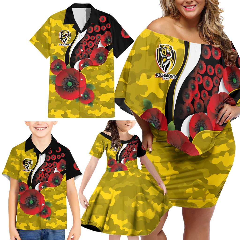 Richmond Tigers ANZAC Personalised Family Matching Off Shoulder Short Dress and Hawaiian Shirt Lest We Forget Poppy Camo