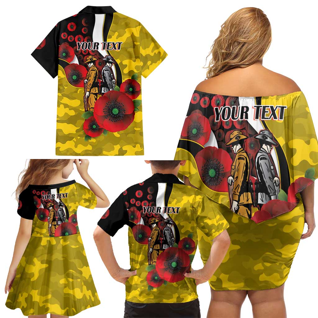 Richmond Tigers ANZAC Personalised Family Matching Off Shoulder Short Dress and Hawaiian Shirt Lest We Forget Poppy Camo