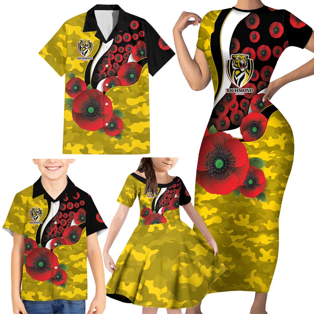 Richmond Tigers ANZAC Personalised Family Matching Short Sleeve Bodycon Dress and Hawaiian Shirt Lest We Forget Poppy Camo