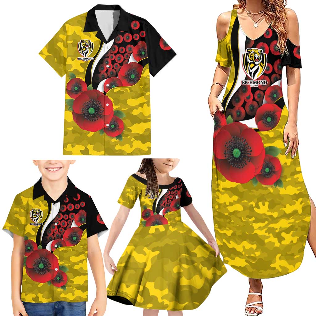 Richmond Tigers ANZAC Personalised Family Matching Summer Maxi Dress and Hawaiian Shirt Lest We Forget Poppy Camo