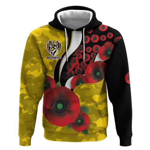 Richmond Tigers ANZAC Personalised Hoodie Lest We Forget Poppy Camo