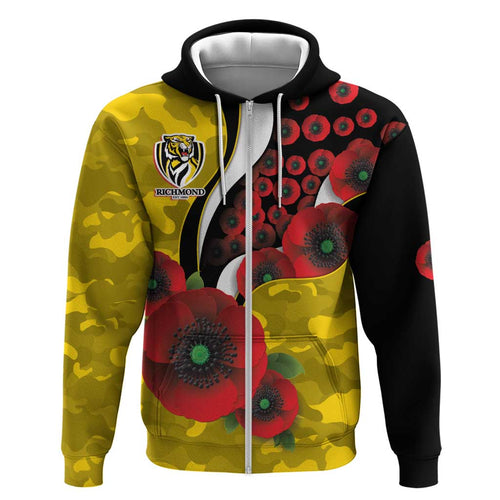 Richmond Tigers ANZAC Personalised Hoodie Lest We Forget Poppy Camo