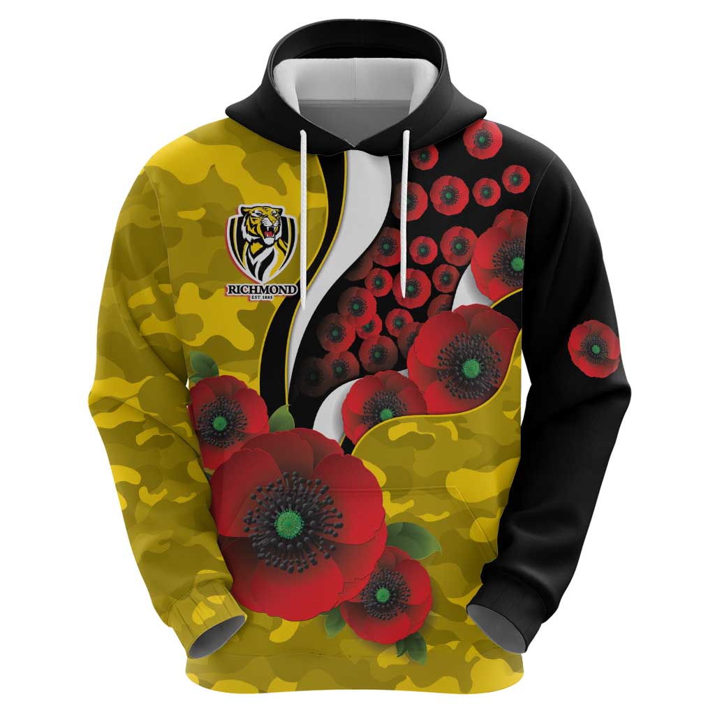 Richmond Tigers ANZAC Personalised Hoodie Lest We Forget Poppy Camo