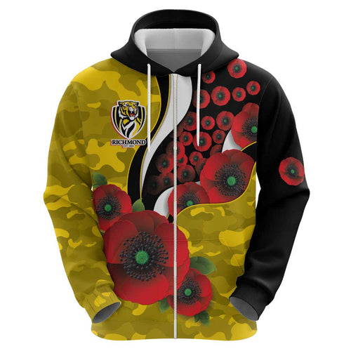Richmond Tigers ANZAC Personalised Hoodie Lest We Forget Poppy Camo