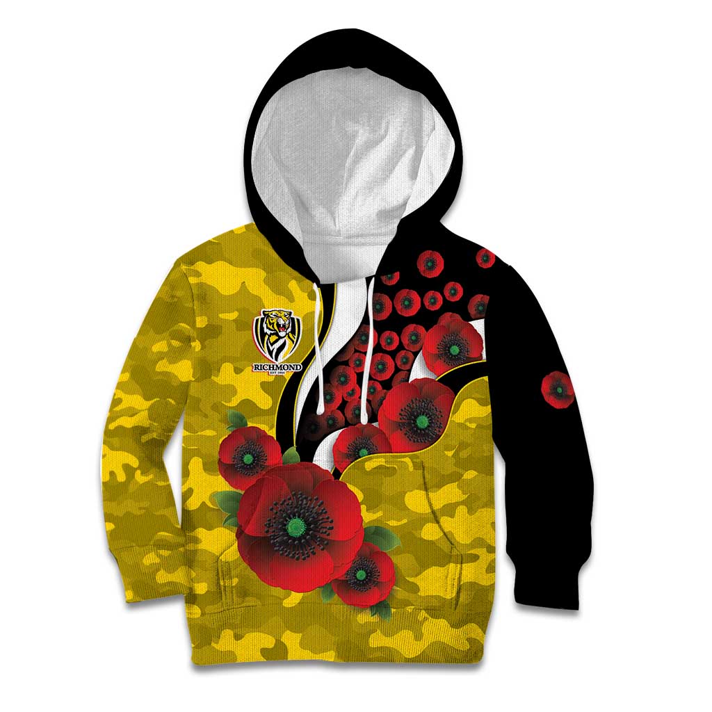 Richmond Tigers ANZAC Personalised Kid Hoodie Lest We Forget Poppy Camo