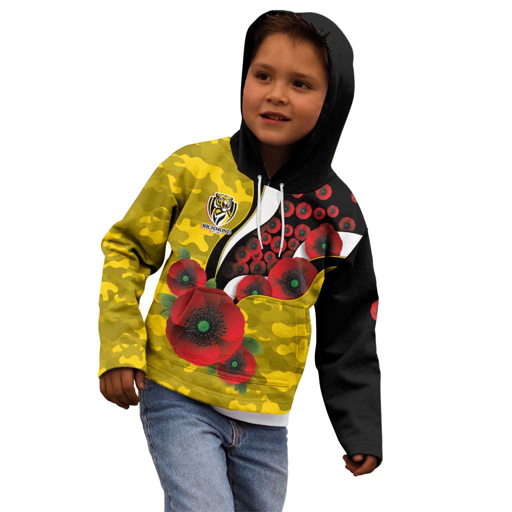 Richmond Tigers ANZAC Personalised Kid Hoodie Lest We Forget Poppy Camo