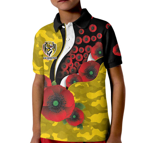 Richmond Tigers ANZAC Personalised Kid Polo Shirt Lest We Forget Poppy Camo