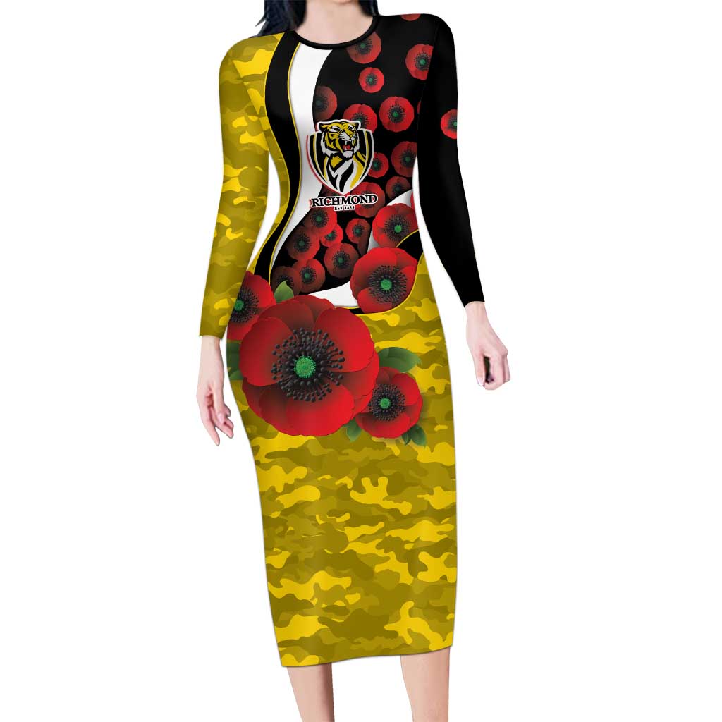 Richmond Tigers ANZAC Personalised Long Sleeve Bodycon Dress Lest We Forget Poppy Camo