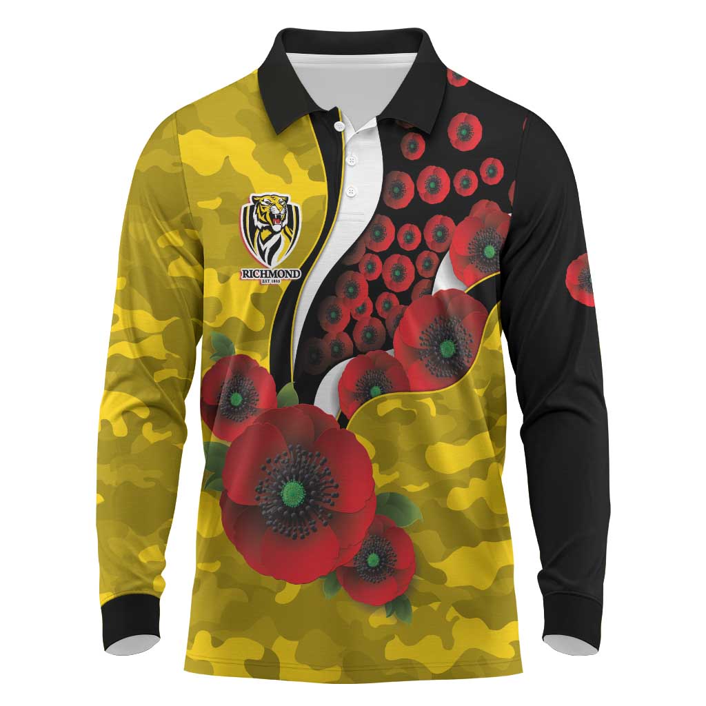 Richmond Tigers ANZAC Personalised Long Sleeve Polo Shirt Lest We Forget Poppy Camo