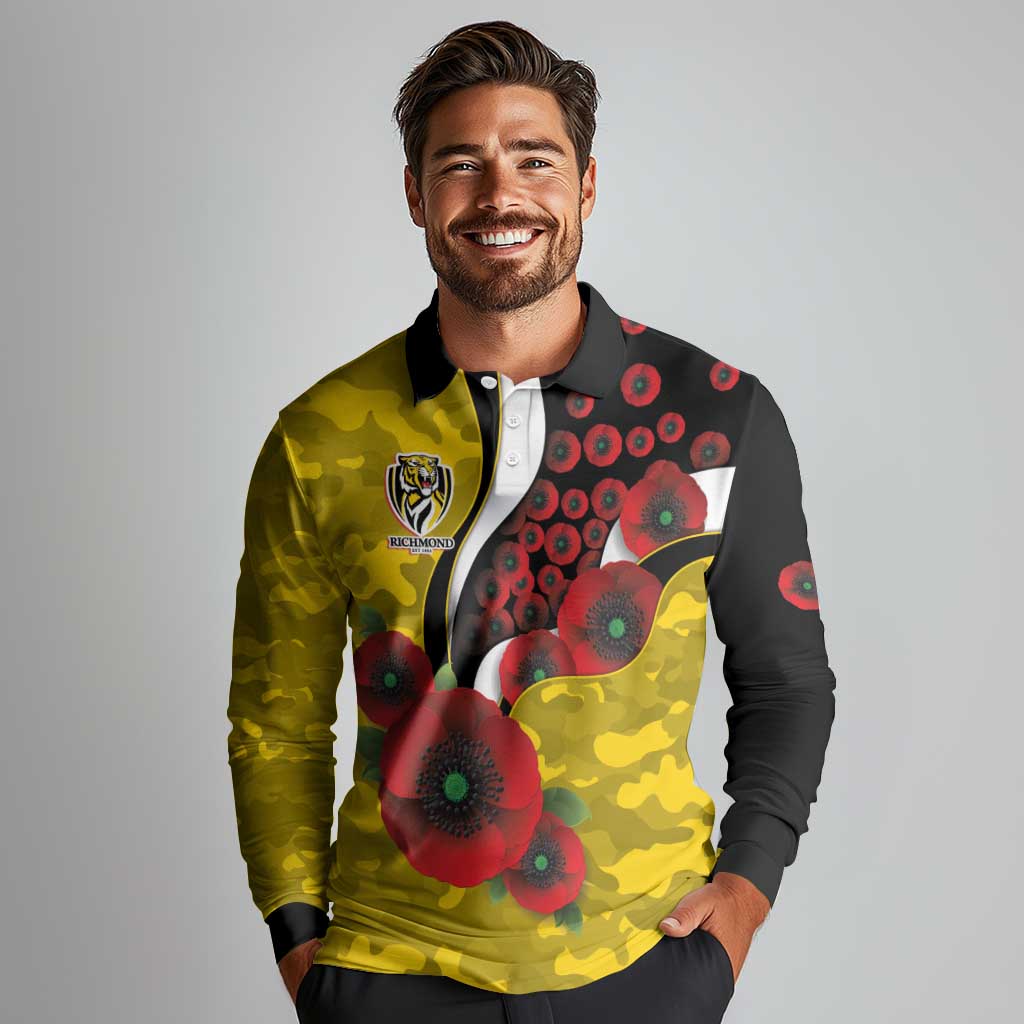 Richmond Tigers ANZAC Personalised Long Sleeve Polo Shirt Lest We Forget Poppy Camo