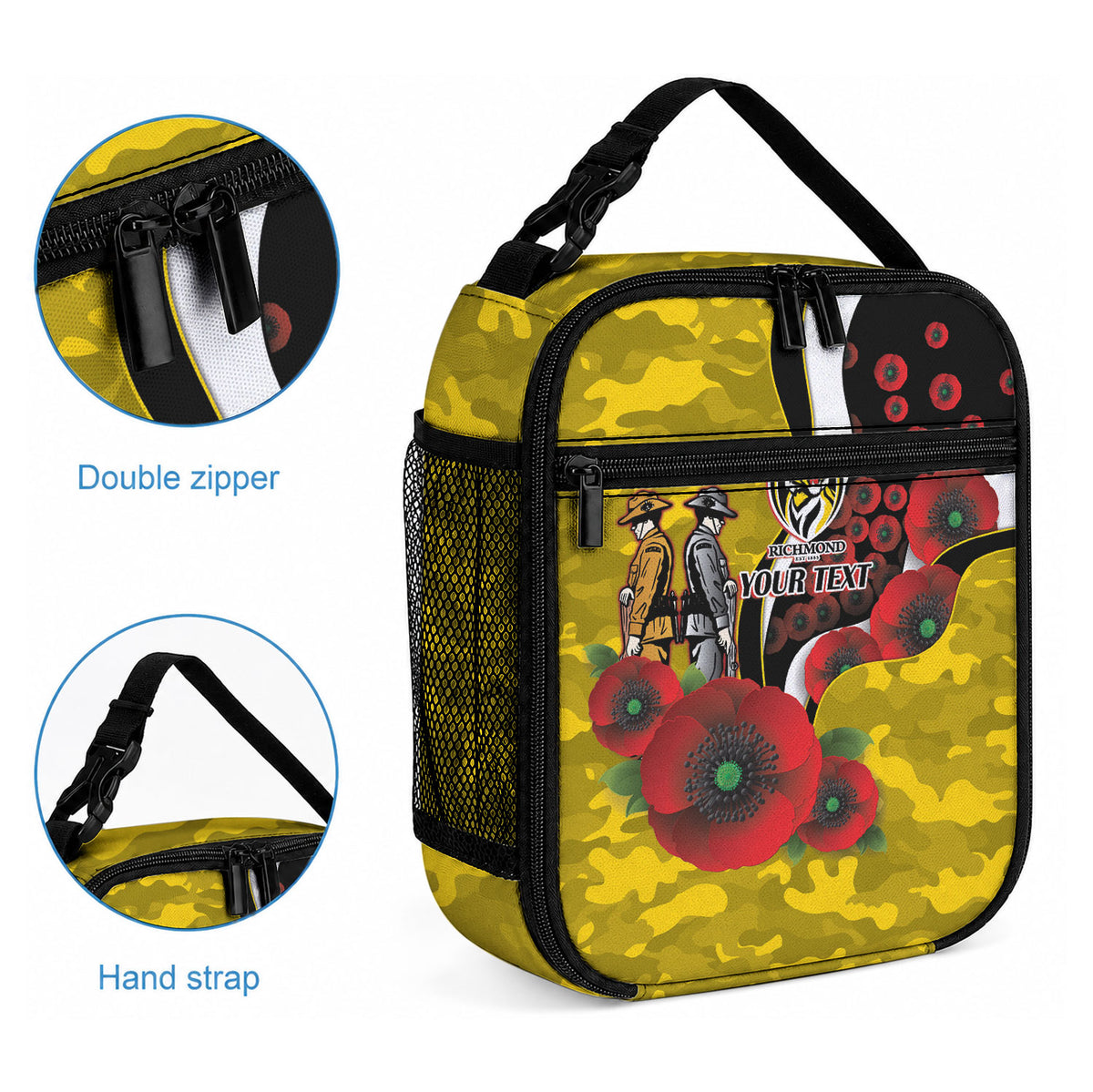 Richmond Tigers ANZAC Personalised Lunch Bag Lest We Forget Poppy Camo