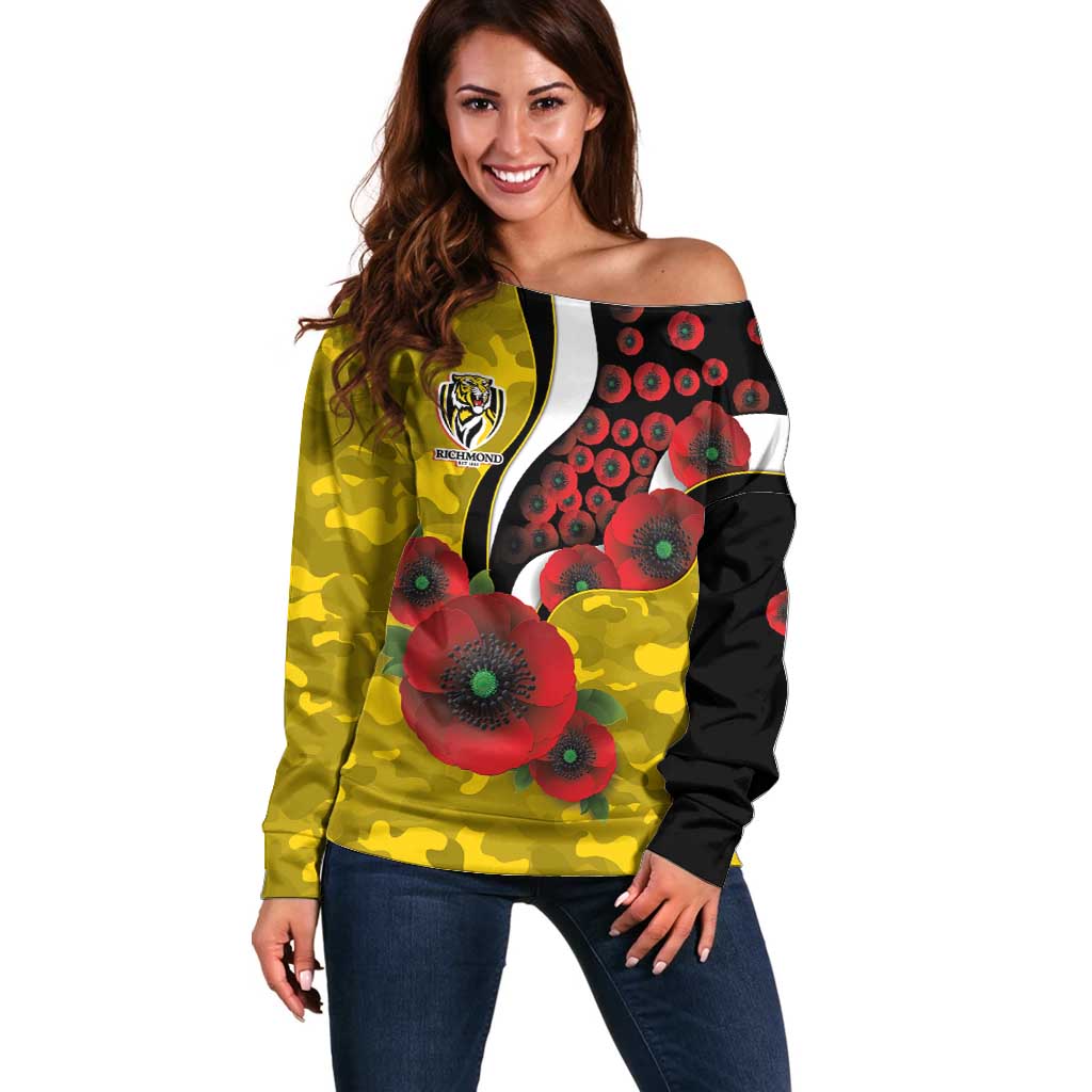 Richmond Tigers ANZAC Personalised Off Shoulder Sweater Lest We Forget Poppy Camo