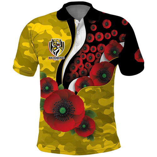 Richmond Tigers ANZAC Personalised Polo Shirt Lest We Forget Poppy Camo