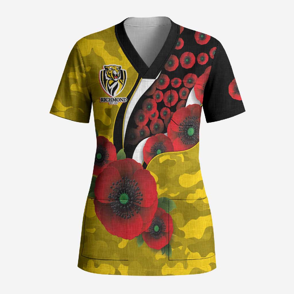 Richmond Tigers ANZAC Personalised Scrub Top Lest We Forget Poppy Camo