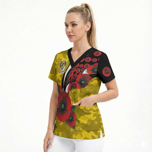 Richmond Tigers ANZAC Personalised Scrub Top Lest We Forget Poppy Camo