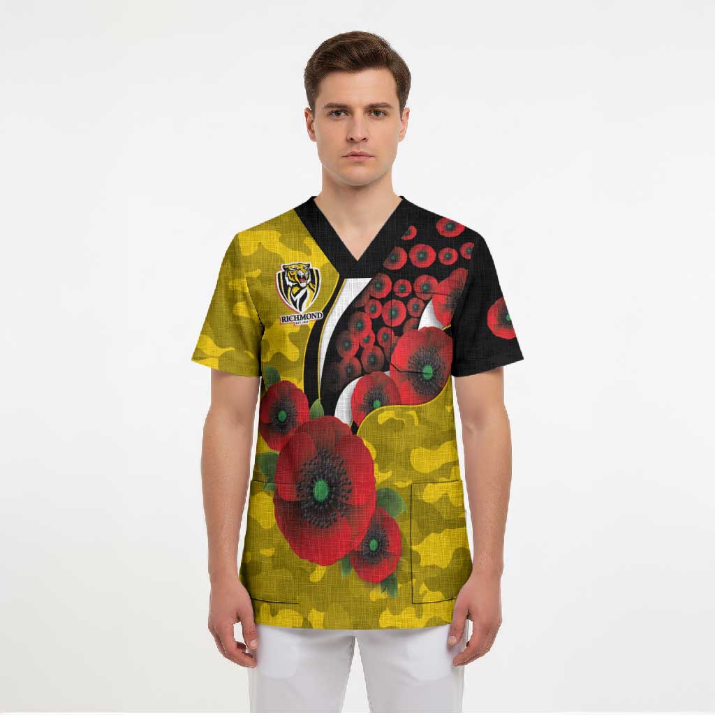 Richmond Tigers ANZAC Personalised Scrub Top Lest We Forget Poppy Camo