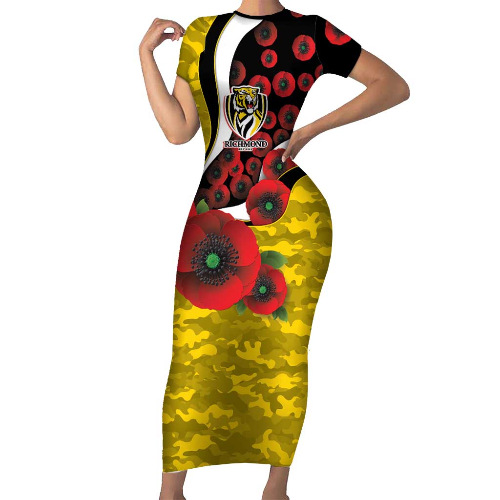 Richmond Tigers ANZAC Personalised Short Sleeve Bodycon Dress Lest We Forget Poppy Camo