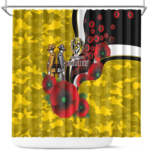 Richmond Tigers ANZAC Personalised Shower Curtain Lest We Forget Poppy Camo