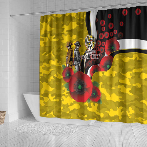 Richmond Tigers ANZAC Personalised Shower Curtain Lest We Forget Poppy Camo
