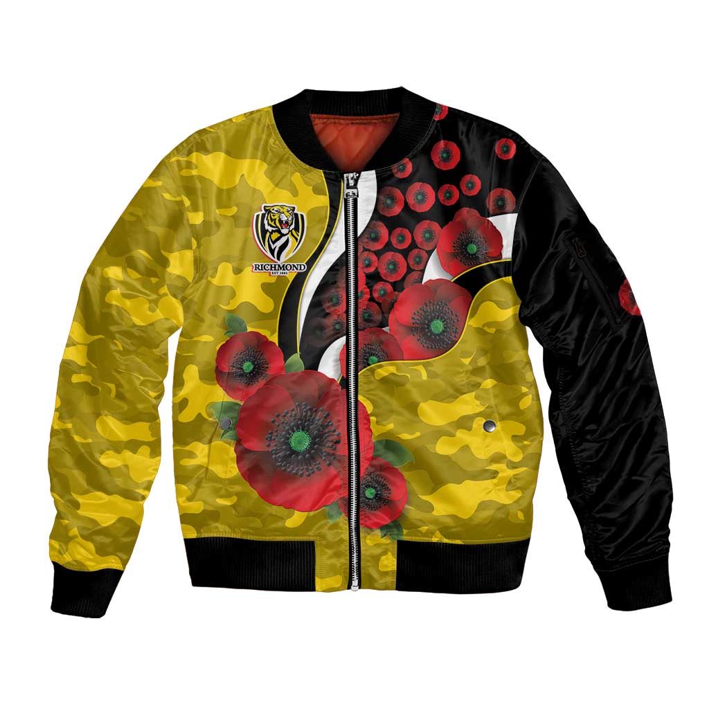 Richmond Tigers ANZAC Personalised Sleeve Zip Bomber Jacket Lest We Forget Poppy Camo