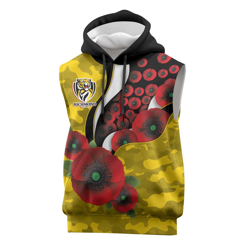 Richmond Tigers ANZAC Personalised Sleeveless Hoodie Lest We Forget Poppy Camo